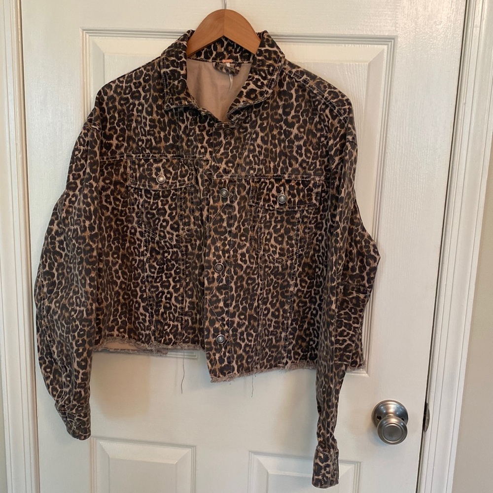 Free People cropped denim leopard jacket M L XL - Picture 2 of 16